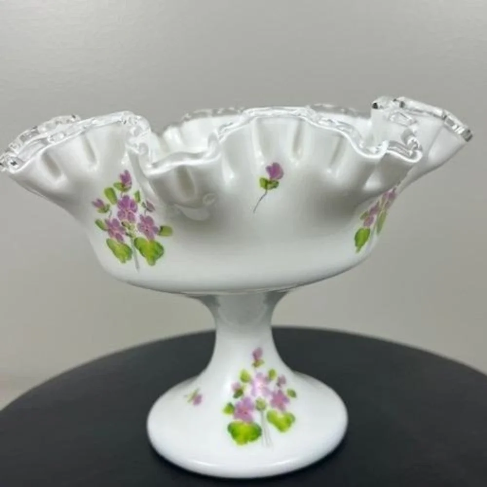 Fenton Milk Glass Violets in the Snow Ruffled Silver Crest Pedestal Compote Bowl